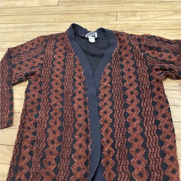 Vintage MIMOSA USA Open Cardigan Chunk Knit Brown Black Rayon Blend Gran Retro L - Picture 12 of 16